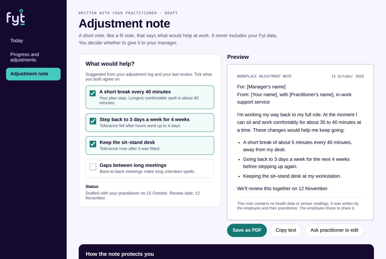 Adjustment note screen: tick what would help and preview a short note for a manager