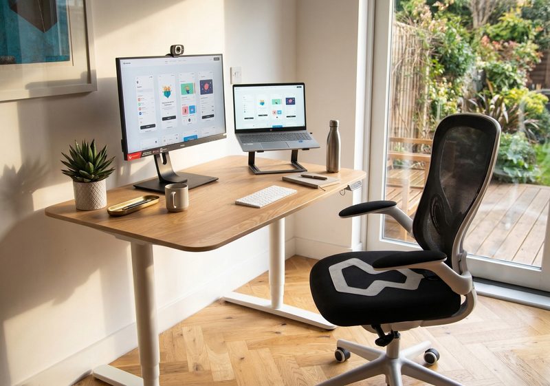 A home office with a desk, laptop and an office chair fitted with Fyt